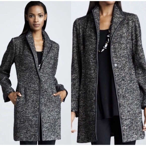 Eileen Fisher Tweed Coat Jacket Womens Wool Blend Leather Trim Long Lined Sz L - Picture 1 of 11